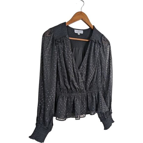 Ash & Eden Swiss Dot Top 4 Black Faux Wrap Peplum Smocked Sheer L/S Shimmer - Picture 3 of 9